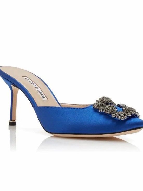 Manolo Blahnik Shoes - Manolo Blahnik Blue Satin Hangisi Mule with Crystal Buckle - Size 38